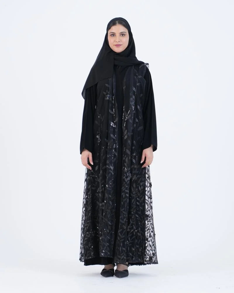 عباية ملكي نص كلوش سوداء ببطانة خارجية من الشيفون المطرز