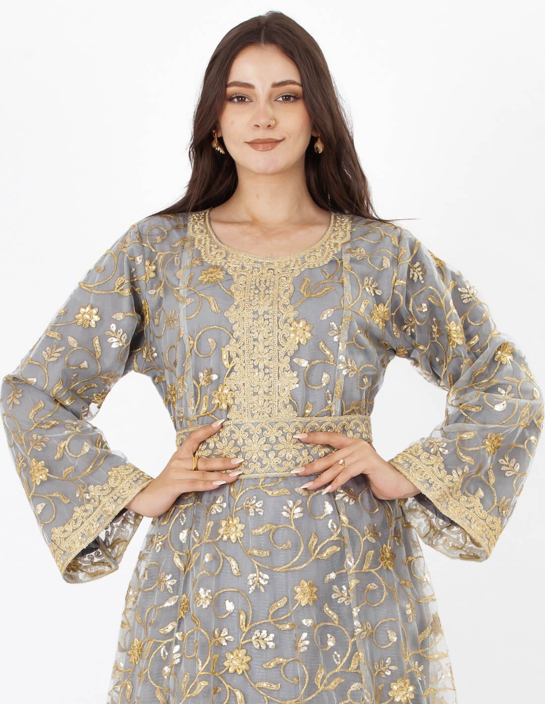 جلابية سهرة وسط قطعتين كم طويل