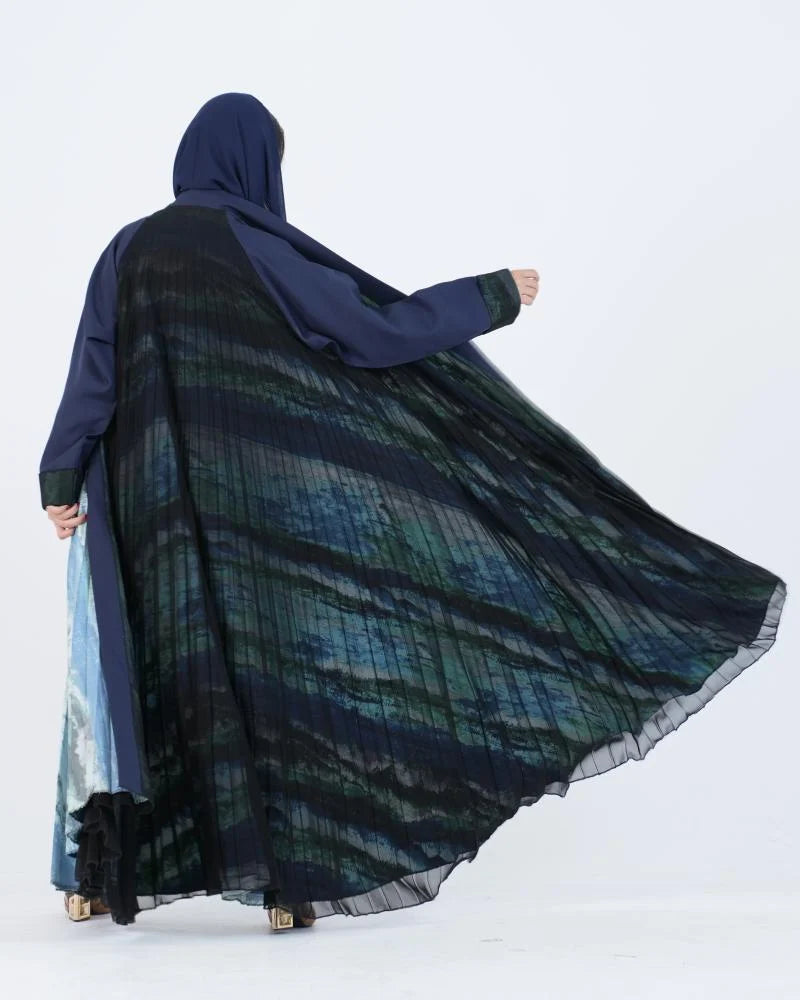 عباية باربي كلوش بتصميم لف وكم مقلوب - كحلي ببطانة مشجرة مغطاة بشيفون