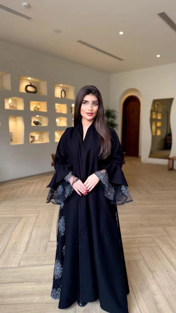 عبايه فوفو قصه نص كلوش قماش كتان مع اورجانزا