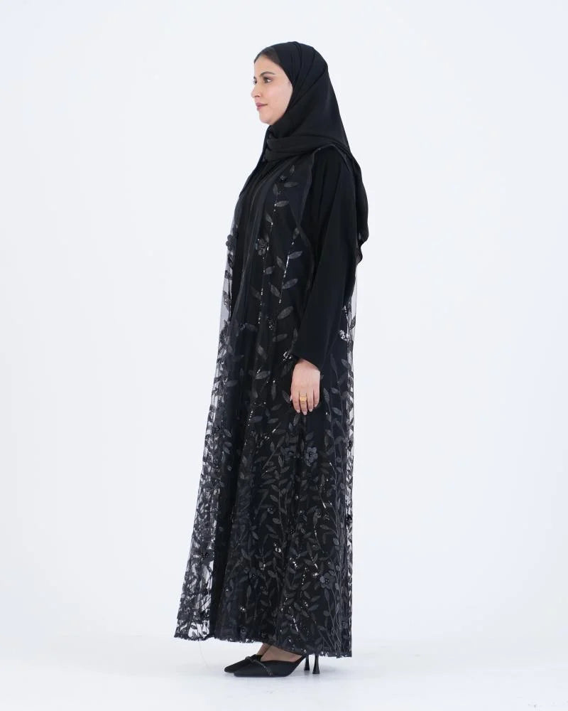 عباية ملكي نص كلوش سوداء ببطانة خارجية من الشيفون المطرز