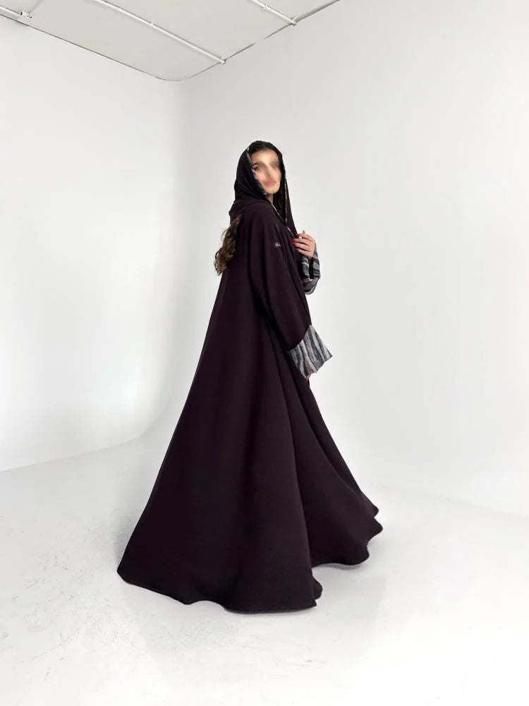 عباية كريب بنفسجي مع اكمام لنن