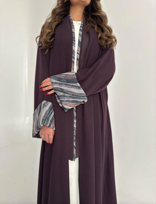 عباية كريب بنفسجي مع اكمام لنن