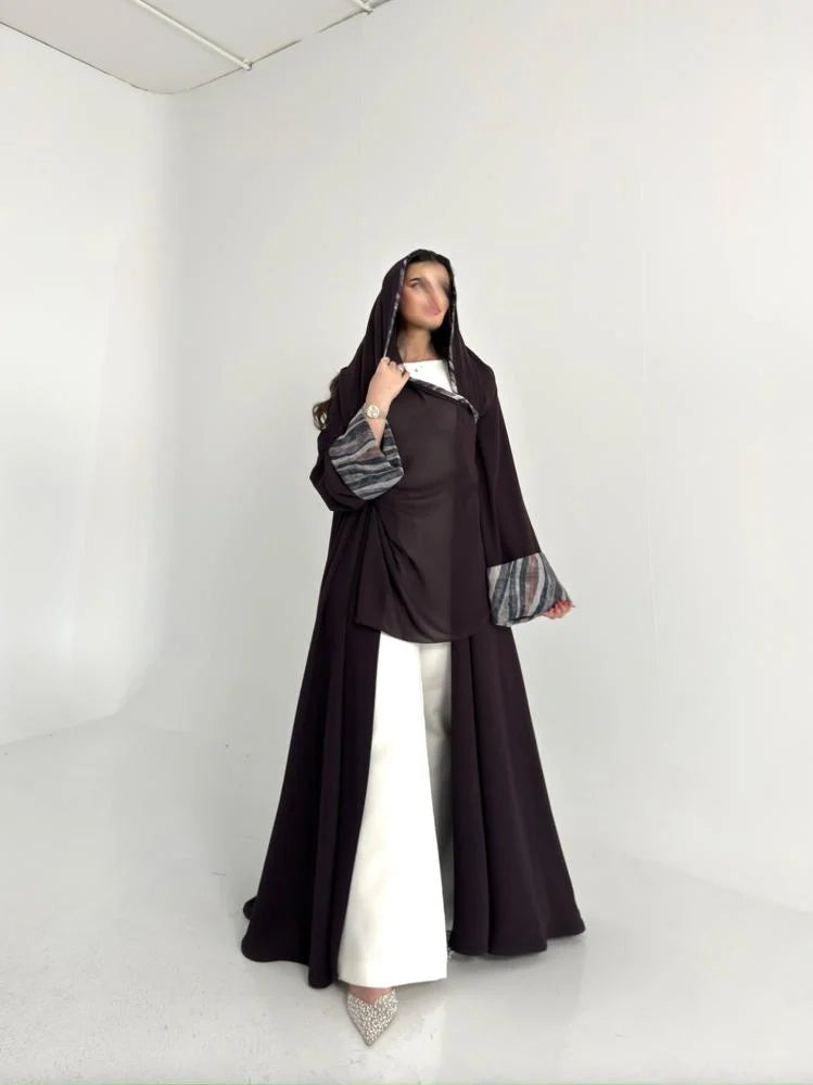 عباية كريب بنفسجي مع اكمام لنن