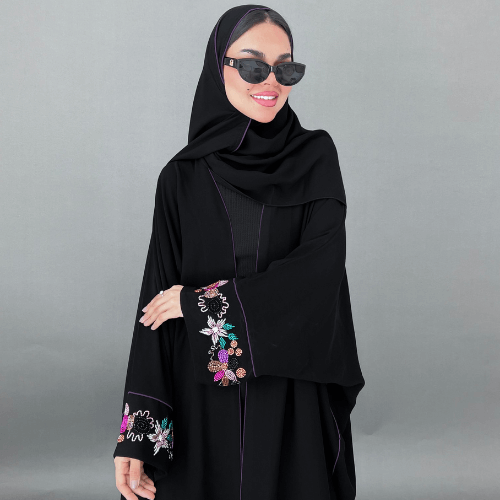 عباية بشت سوداء بتحديد موف وأكمام شك يدوي راقي