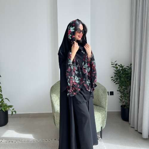 عباية انترنت سوداء الأكمام فرنسية مع تل مطرزة بالورد الأحمر