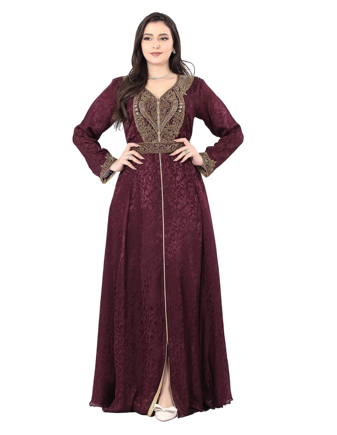 جلابية سهرة باكمام طويلة وتطريز بالصدر