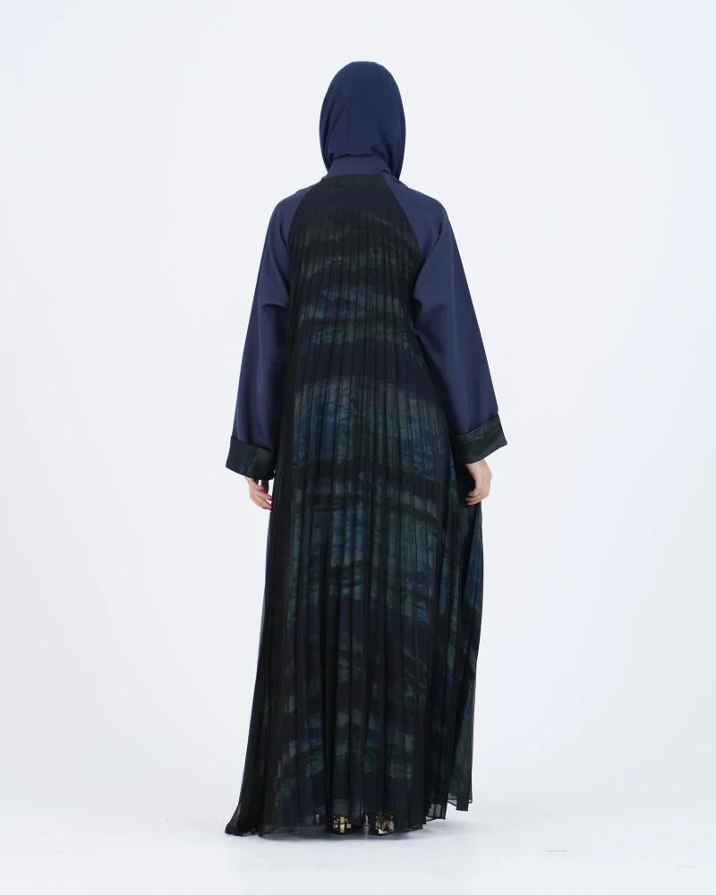 عباية باربي كلوش بتصميم لف وكم مقلوب - كحلي ببطانة مشجرة مغطاة بشيفون