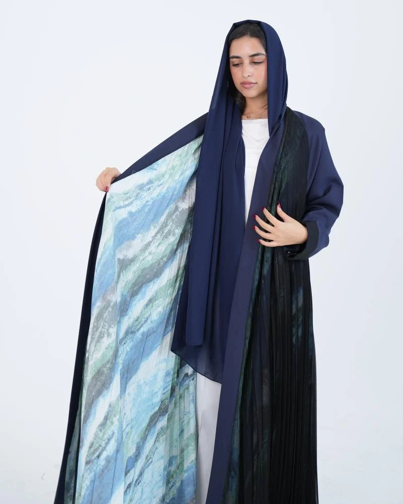 عباية باربي كلوش بتصميم لف وكم مقلوب - كحلي ببطانة مشجرة مغطاة بشيفون