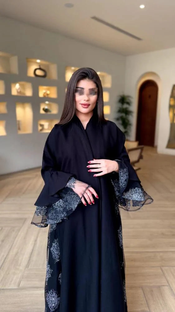 عبايه فوفو قصه نص كلوش قماش كتان مع اورجانزا