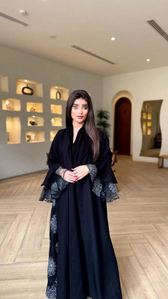 عبايه فوفو قصه نص كلوش قماش كتان مع اورجانزا