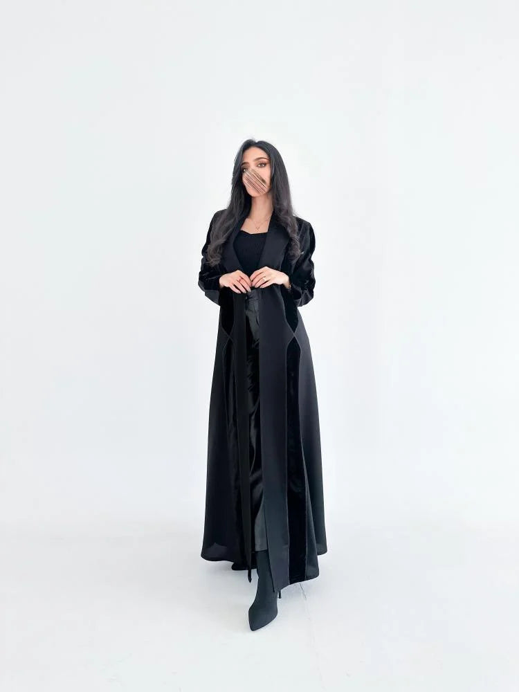 عباية كريب مع مخمل اسود ربع كلوش - 966